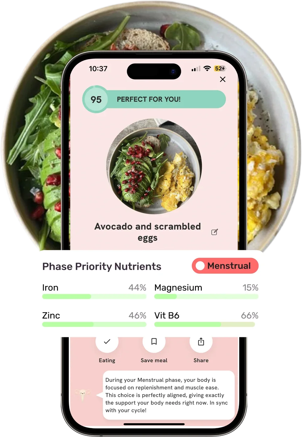 Meal scan result on Nourimi: avocado and scrambled eggs scored 95, perfect for you