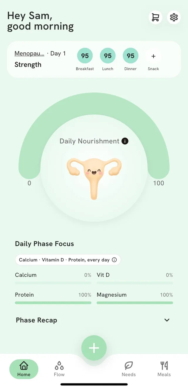 Nourimi home screen in menopause mode
